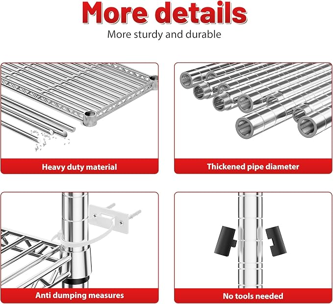 REIBII 72.8" Wire Shelving with Wheels,5 Tier 1653LBS Heavy Duty Shelves | Chrome rolling rack, 331 lbs/shelf, 5-tier, lockable wheels, rust-proof, adjustable height, tool-free, garage, kitchen