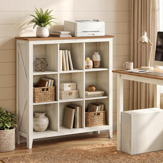 VASAGLE Liry Collection Farmhouse Bookcase, 9-Cube Storage Organizer with Legs, Adjustable Shelves, 38.6 x 11.6 x 41.3 in, for Home Office, Living Room, Cloud White and Warm Brown ULBC139W101S