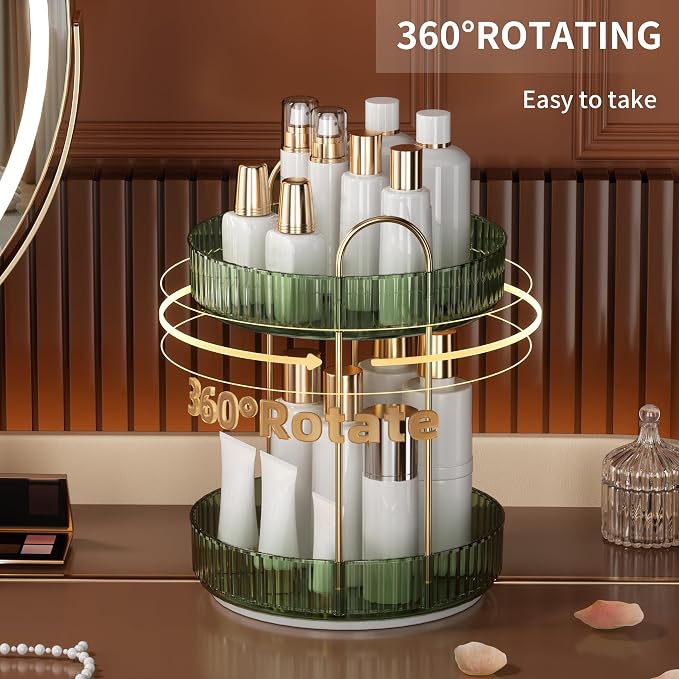 YCIA&DONE 360 Rotating Makeup Organizer and Storage for Vanity Countertop 2 Tiers, High Capacity Cosmetic Skincare Perfume Organizers for Dresser Bathroom Lazy Susan (Vintage Green)