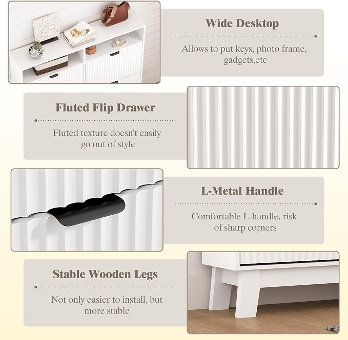 Shoe Cabinet Storage for Entryway with 4 Flip Drawers, Fluted Narrow Shoe Organizer with Wooden Legs & Top Cubby, Freestanding Slim Shoe Storage Hidden Shoe Rack for Front Door Entrance, White