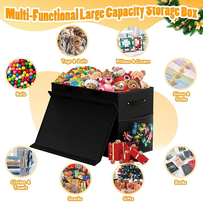 Large Toy Storage Box with Lid, Dividers, Collapsible Kids Toy Chest, Black | Toy Box for Boys, Girls, Nursery, Bedroom, Living Room, Playroom, 25 x 13 x 16 inches