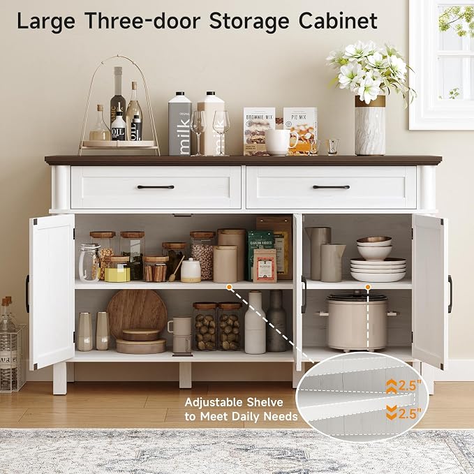 55 Inch Buffet Cabinet with Storage, Farmhouse Sideboard Buffet w/2 Drawers and 3 Doors, Wood Coffee Bar Cabinet with Adjustable Shelves, Sideboard Storage for Kitchen, Living Room, Off White