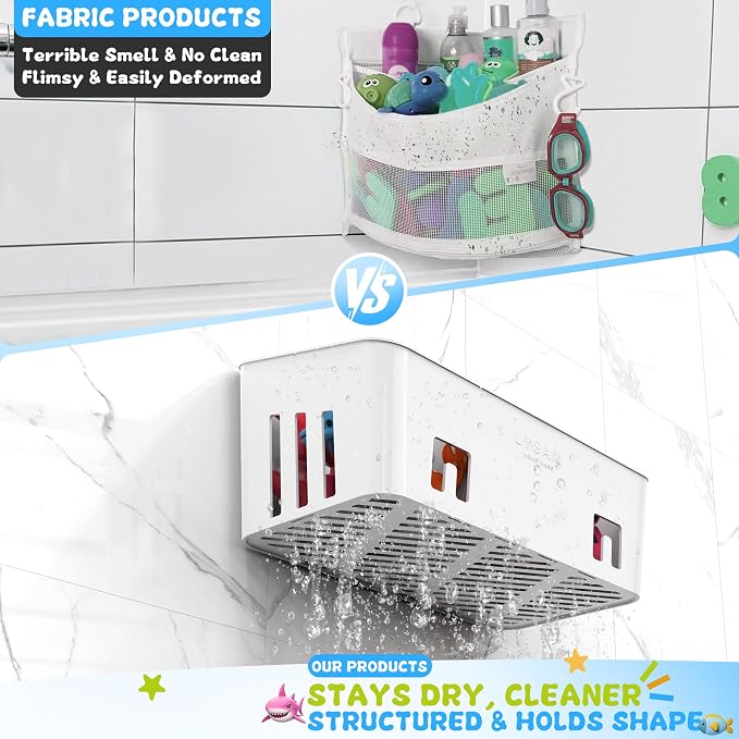 Bath Toy Storage 2 Packs, Large Bath Toy Holder - 3 Compartments, Quick-Dry | BPA-Free Bathtub Toy Organizer, Wall-Mounted Adhesive Shower Caddy, Bathroom Toy Basket & Bin for Baby, Toddler, Kids, White