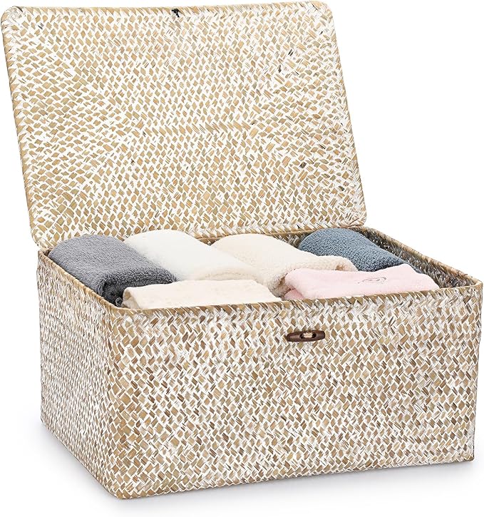 Hipiwe Wicker Woven Baskets Bin with Lid Seagrass Storage Basket, X-Large | Natural Decorative Baskets Rectangular Household Basket for Shelf Wardrobe Home Decor, Whitewash