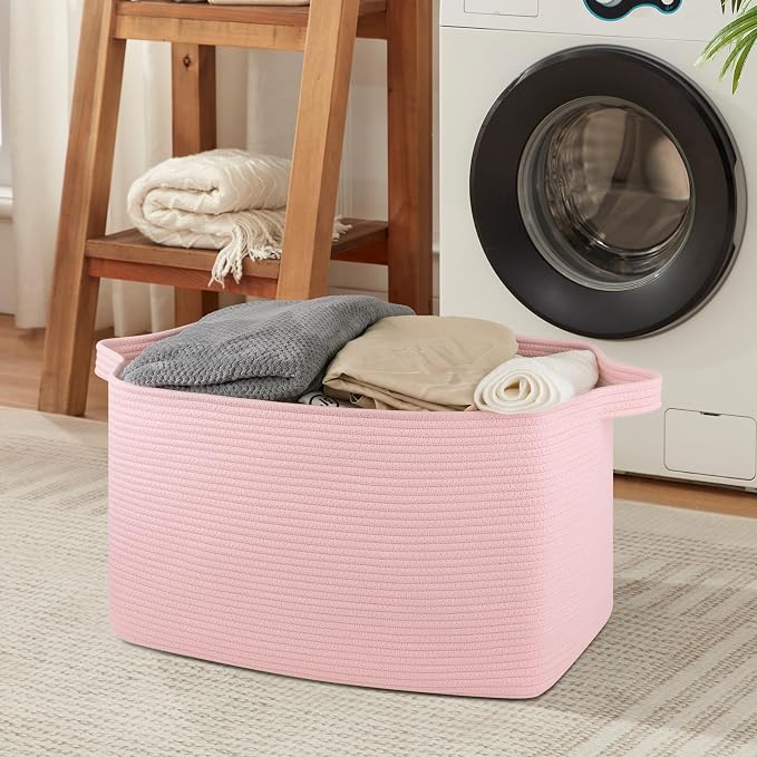 OIASKET 95L Extra Large Blanket Basket, 24" x 16.9" x 14.2" Woven Storage Basket for Living Room, Rectangle Nursery Blanket Storage for Toys, Towels, Dirty Clothes (Pink)