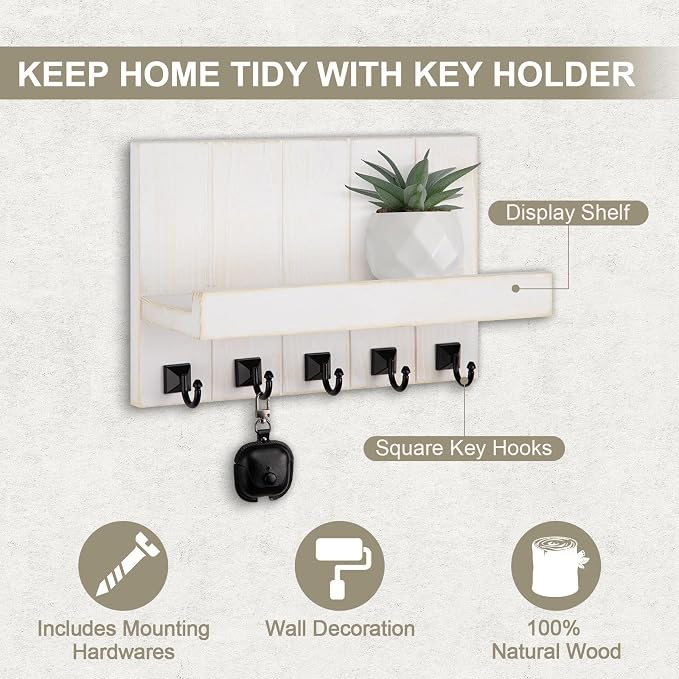 Key Holder for Wall, Decorative Key Holder with Shelf, Key and Mail Holder Wall Mount, Farmhouse Decor with 5 Key Hooks for Keys, Coats, ect.