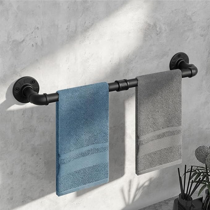 Industrial Pipe Towel Rack Towel Bar, Heavy Duty Wall Mounted Rustic Farmhouse Bath Towel Holder for Bathroom (Black, 24 inch)