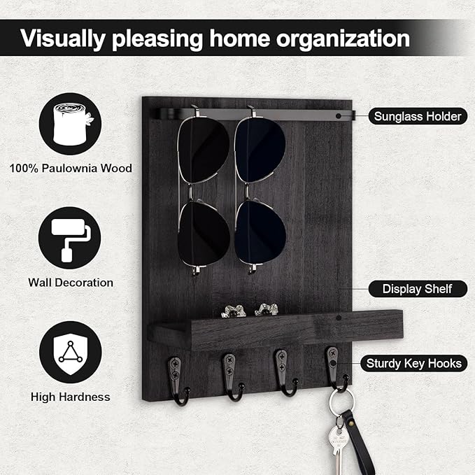 Key Holder Wall Mount, Key Holder for Wall with 4 Hooks, Farmhouse Key Hanger Holds Dog Leash, Sunglasses – Decorative Mail Organizer Home Decor (Black)