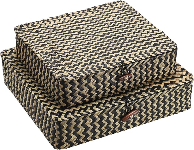 Hipiwe 2Pcs Flat Wicker Woven Basket with Lid Natural Seagrass Storage Box | Shelf Baskets Bin for Home Decor, Multipurpose Household Basket Organizer, Set of 2, Blacks Strips