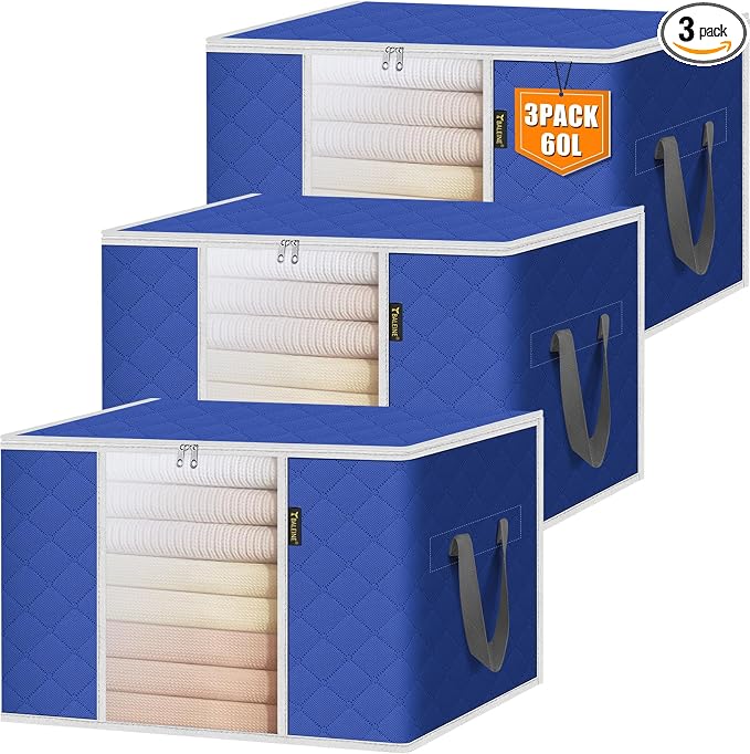 BALEINE 3 Pack Clothes Storage Bags, 16 Gallon Storage Containers with Reinforced Handle, Sturdy Zipper, Closet Organizer for Blanket, Comforter, Pillow, Bedding (Blue, 3 Pack)