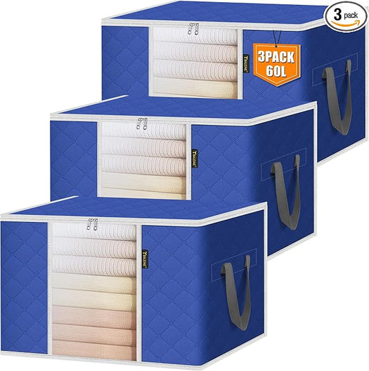 BALEINE 3 Pack Clothes Storage Bags, 16 Gallon Storage Containers with Reinforced Handle, Sturdy Zipper, Closet Organizer for Blanket, Comforter, Pillow, Bedding (Blue, 3 Pack)