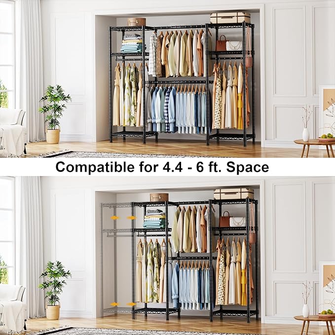 Ulif E7 Garment Rack, Heavy Duty Clothes Storage System with Extendable Hangers Rods, Metal Clothe Rack with 6 Wire Shelves, (52.3"-72") W x 14.5" D x 71.2" H, Load 838 LBS | Metal Clothing Rack with 6 Wire Shelves, Freestanding Portable Closet Wardrob...
