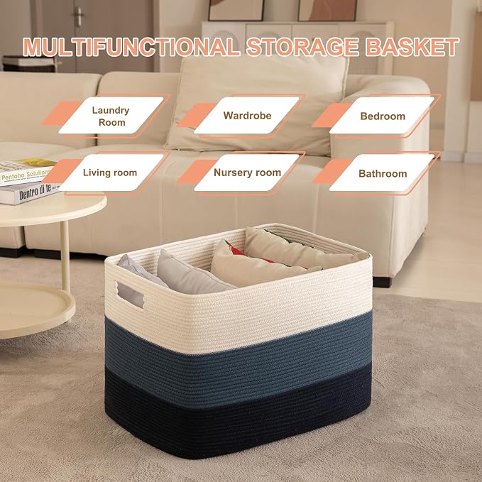 OIAHOMY 108L Super Large Blanket Basket, 25”x16”x16” Rectangle Woven Baskets for Storage, Cotton Rope Basket For Living Room, Toy Storage with Handle - Gradient Blue