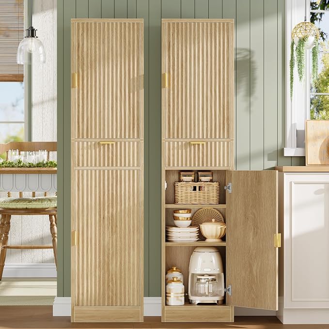 67″ Storage Cabinet with 1 Drawer and 2 Doors,Tall Bathroom Storage Cabinet with Adjustable Shelves, Rattan Fluted Cabinet for Bathroom, Living Room, Kitchen, Natural Oak