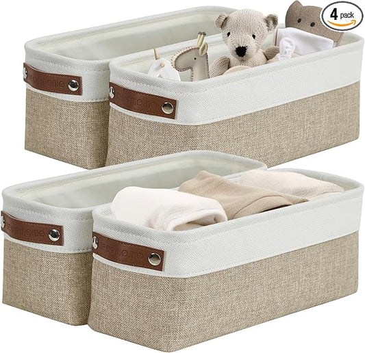 DECOMOMO Narrow Storage Bins, Small Storage Baskets for Shelves 4 Pack | Baskets for Organizing Bathroom, Toilet Tank, Gifts (Beige & White)