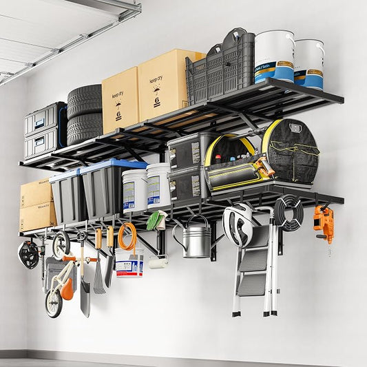 FLEXIMOUNTS 4-Pack 2x4ft Garage Wall Shelving, 8 Hooks, Heavy Duty, Black | Heavy Duty Garage Shelving Wall Mounted, 400lbs Capacity, Storage for Power Tools, Garden Supplies, Storage Bins, Lite Series