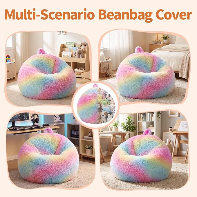 Stuffed Animal Storage Bean Bag Chair Cover, Soft Bean Bag Cover | Fluffy Faux Fur Stuffed Animal Storage Chair, Non-Slip Bottom, Fill with Plush Toys or Blankets, for Adults Teens Kids Girls