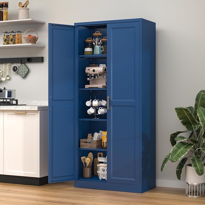 71" Tall Blue Metal Storage Cabinet with Doors, Heavy Duty | Freestanding Steel Kitchen Pantry Cabinet, 4 Adjustable Shelves (180 Lbs Load), Tall Cabinets for Home, Office and Garage