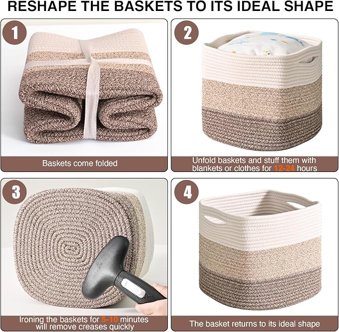 ICERZCZ 11 Inch Cube Storage Bins, Storage Cube Organizer Bins, Woven Cotton Rope Baskets for Storage, Storage Basket for Organizing Shelves, Square Baskets for Toys, Gradient Brown (Pack of 3)