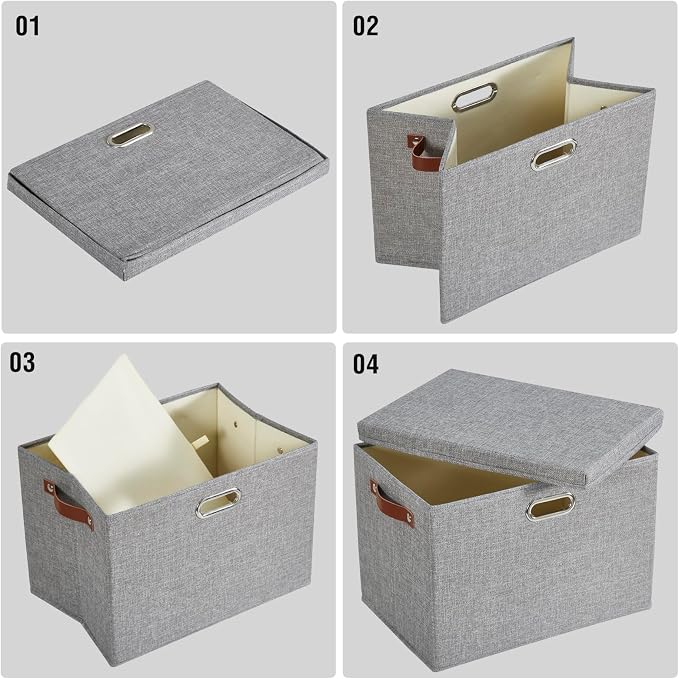 15" Large Collapsible Storage Bins with Lids, Stackable Closet Organizers with PU Handle and Labels, 3-Pack Decorative Fabric Storage Boxes for Home, Bedroom, Closet, Office, Nursery(Gray)