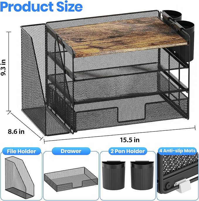 OPNICE Desk Organizer, 4-Tier Desktop File Organizer with Drawer and Pen Holders, Office Desk Accessories, File Sorters, Workspace Organizers for Office Supplies(Wood)