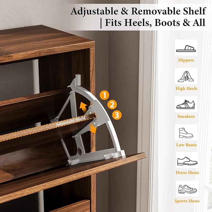 Nicetree Shoe Storage Cabinet for Entryway, 9.5inch Slim Shoe Rack with 2 Flip Drawers, Mid-Century Modern Walnut Shoe Cabinet Storage, Narrow Shoe Organizer with Adjustable Shelves for Small Spaces