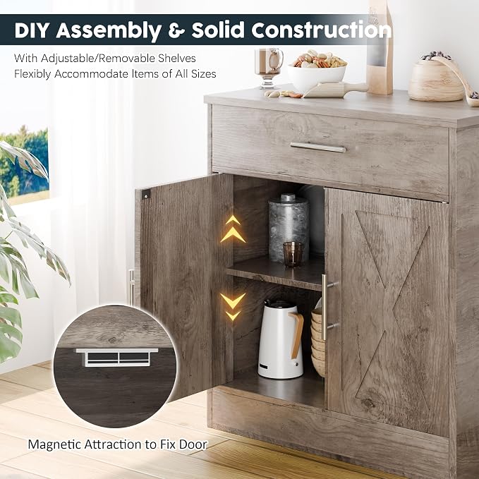 Kitchen Buffet Sideboard Cabinet, Wooden Storage Cabinet with 2 Doors and 1 Drawers, Adjustable Shelf, Modern Farmhouse Coffee Bar Cabinet with Storage for Kitchen, Rustic Grey
