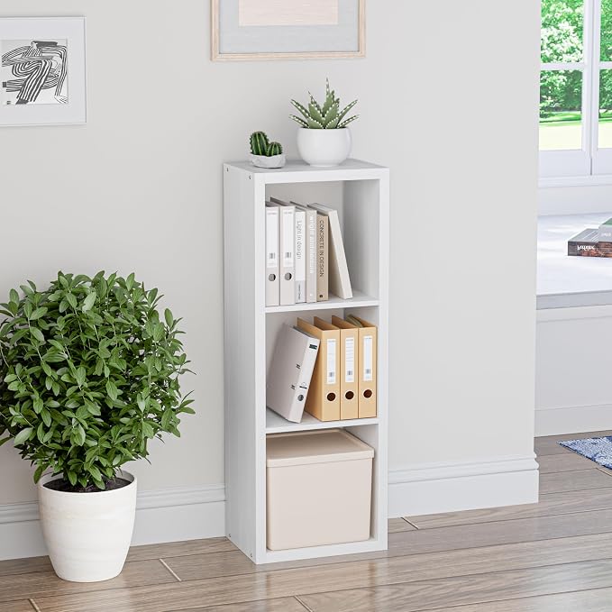 VDNEND Cube Storage Organizer Bookcase, 3 Tier Decorative 11 inch Open Back Cubical Shelf with Thickened Border, Display Bookshelf for Living Room, Home Office, Sturdy Room (White, 3 Cube)