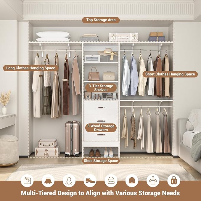 Besiost Closet System with Drawer - 8FT Wood Closet Organizer System with 3 Hanging Rods and Shelving Tower, 96" Walk In Closet Organizer Wardrobe, Heavy Duty Garment Rack Clothes Rack, White