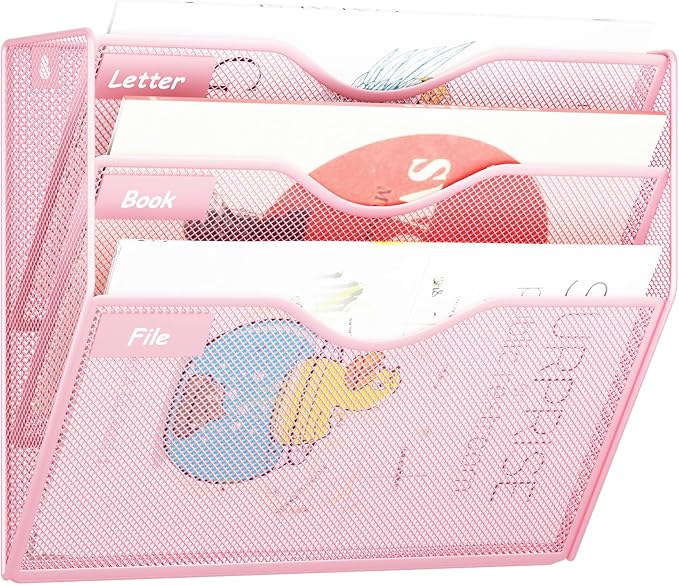 3 Pockets Hanging Wall File Organizer Mail Holder, Wall Mounted Paper Document Folder Holder, Clipboard Storage Organization Magazine Rack, Pink