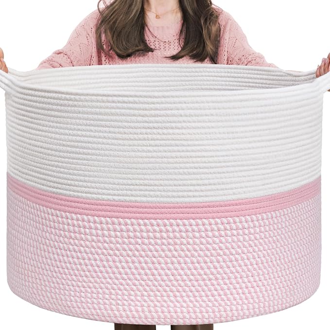 CHICVITA XXL Cotton Rope Woven Blanket Basket with Handles, Pink | Extra large storage basket doubles as clothes and laundry hamper. Decorative, 22x22x14 inches