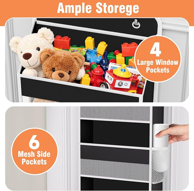 Over The Door Organizer Storage Large Capacity Hanging Bedroom Storage | 4 Shelves, 40 LB Capacity, Foldable Mesh Design, Clear Window, Sturdy, Large Storage Organizer for Nursery, Pantry & Closet