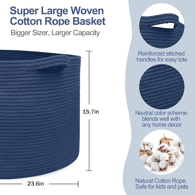 115L Dark Blue Basket for Organizing, 23.6" x 15.7" XXXL Woven Cotton Rope Laundry Basket, Oversized Blanket Storage for Living Room Bedroom, Kids Toy Box Organizer, Pool Towel Storage Bin