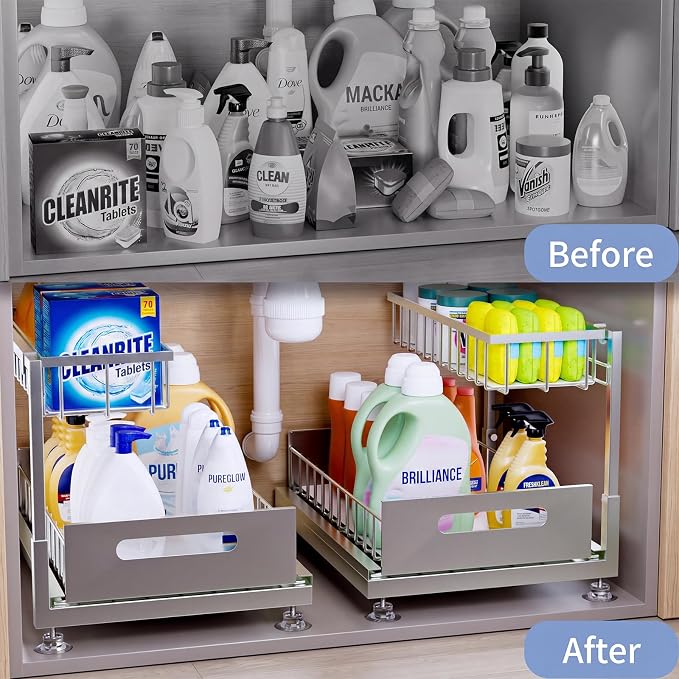 Saydear 2-Pack L-Shaped Under Sink Organizer, 2-Tier Pull-out Cabinet Rack | Grey Height-Adjustable Steel Rack, Sliding Grid Drawers with PP Liners, Holds 100 Lbs, Suction Base, Ideal Kitchen Storage