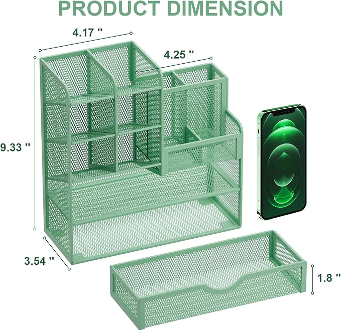 Marbrasse Mesh Pen Holder for Desk, Multi-Functional Pencil Organizer with Drawer, Desk Organizers and Accessories for Office Art Supplies (Green)