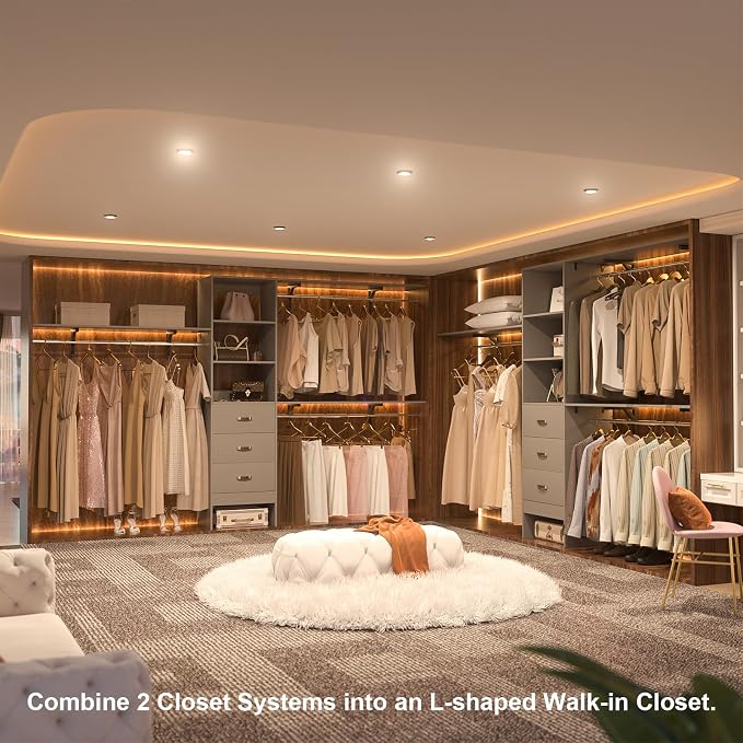 120 Inches Closet System, 10FT Walk In Closet Organizer with 3 Shelving Towers, Heavy Duty Clothes Rack with 3 Drawers, Built-In Garment Rack, 120" L x 16" W x 75" H, Max Load 1300 LBS, Grey