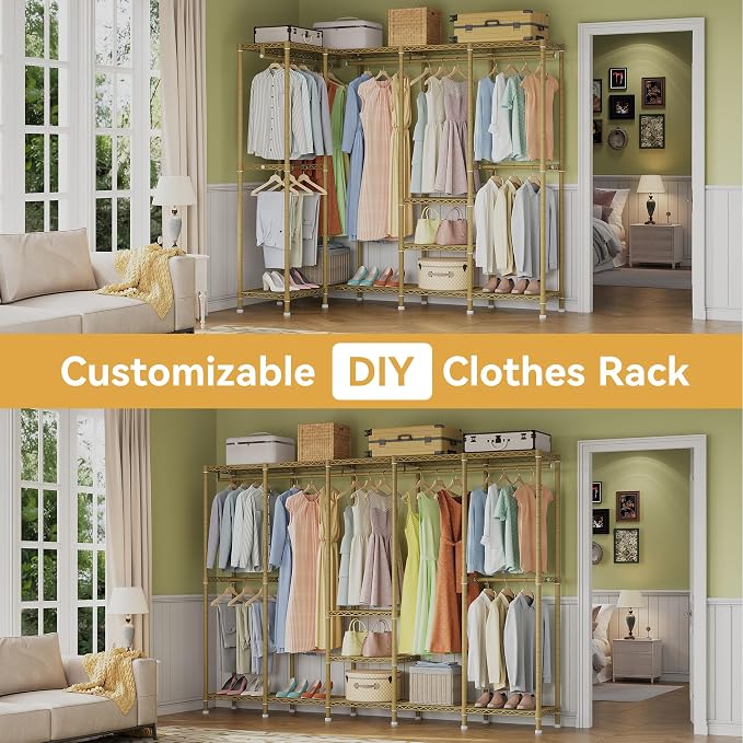 Higeego H5 Heavy Duty Clothes Rack, Freestanding Clothing Rack, Gold | 93.3"Wx15.7"Dx75.4"H, Large Garment Rack, Freestanding Clost Rack for hanging clothes, with Adjustable Shelf, Load 1400 lbs