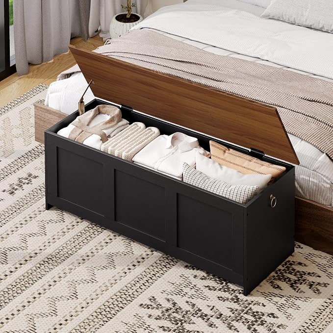 HOOBRO Storage Bench, 47.2" Retro Wooden Storage Chest, Wooden Storage Trunk, Toy Chest with Lift Top, Multifunctional Entryway Organizer, for Entryway, Living Room, Black and Walnut BH412CW01