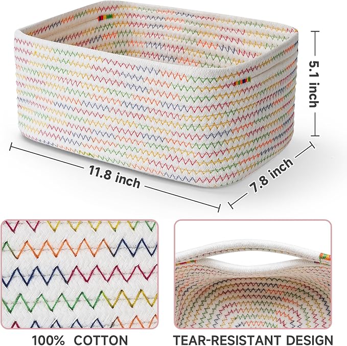 3-Pcs Shelf Baskets for Organizing, Closet Organizer Bins, Small Woven Baskets, Rope Toy Basket, Storage Basket for Shelves, Cube Decorative Box, 11.8×7.8×5.1”, Rainbow