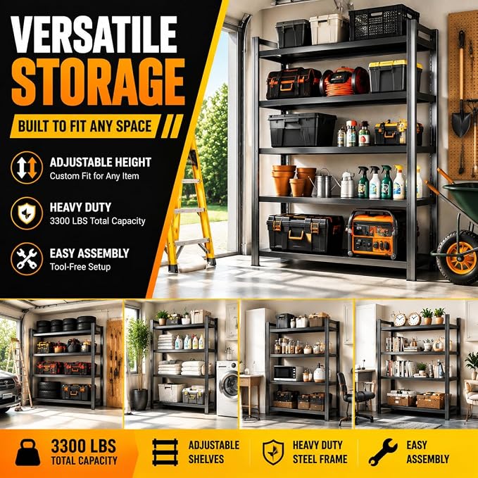 Garage Shelving, Heavy Duty Storage Shelves, Adjustable Boltless Units | Metal Shelving with Double Layer Posts, Industrial Steel Shelving for Garage Basement Warehouse Kitchen, Black, 54H*16W*12D
