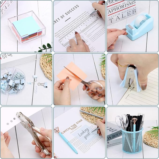 17 in 1 Blue Desk Organizers and Accessories Set, 3 Office Desk Supplies Storage Organization, 4 Pens, Stapler, Staples & Remover, Tape & Dispenser, Scissors, Ruler, Clips, Hole Punch, Back to School