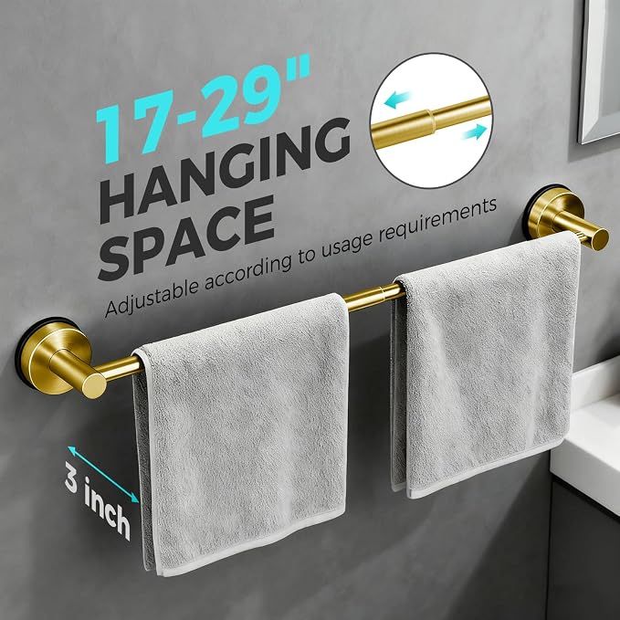 Adjustable Suction Cup Towel Bar for Bathroom Wall,17Inch~29 Inch Towel Racks for Bathroom,Stainless Steel Bath Towel Holder for Shower,2 Pack(Brushed Gold)