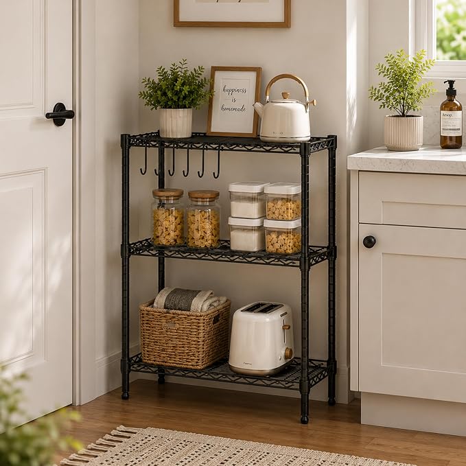 Folews 3-Tier Metal Shelf for Storage, NSF Certified Wire Shelving Unit Storage Rack Organizer Steel Utility Shelf for Kitchen Office Garage Pantry Laundry Organization(13.4D x 23.2W x 29.7H)