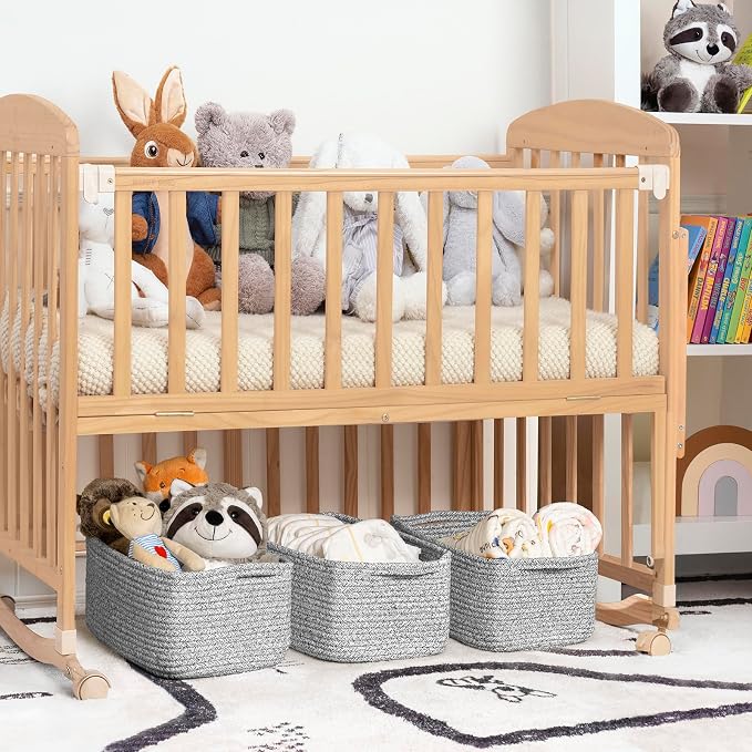 Goodpick 3-Pack Woven Baskets for Closet,13 x 8 x 5 in | Woven Baskets for Shelves, Closet Organizer Bins, Empty Baskets for Gifts,Woven Basket for Play Room, White & Gray