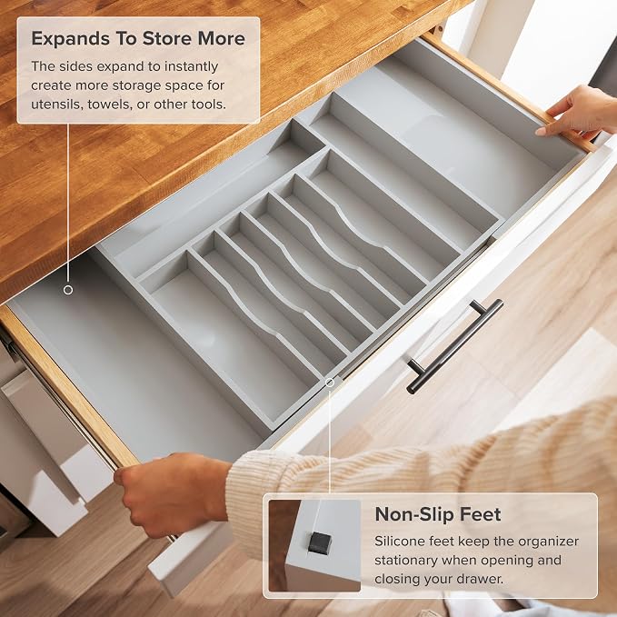 KitchenEdge Silverware & Utensil Drawer Organizer, 18-33 in, Gray Bamboo | Cutlery, flatware, food-safe contract grade, kitchen drawer fit