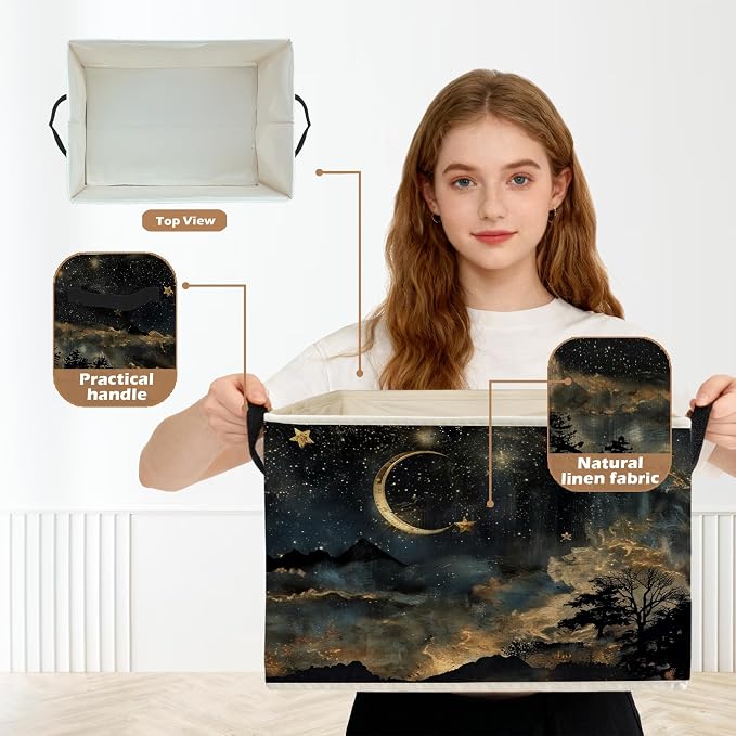 Mystical Crescent Moon Star Celestial Storage Box Bins, Moody Starry Night Sky Collapsible Storage Basket Organizer for Bedroom Laundry Room Home Clothes Books, Decor for Room