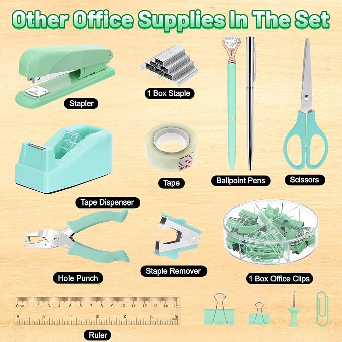 SYMDROMIA 13-in-1 Office Desk Organizer Set with Stapler and Tape Dispenser, Pen Holder, Scissors, Ruler, Hole Punch, 2 Pens & More Desktop Accessories for Back to School Supplies (Green)