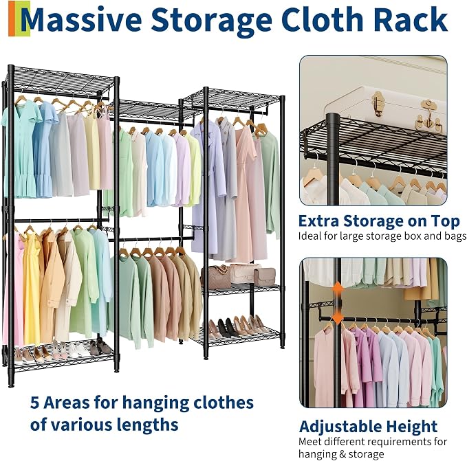 Heavy Duty Garment Rack Stable Clothes Rack for Hanging Clothes Wardrobe Closet with Adjustable Shelves & 5 Hanging Rods 76.5" H x 67.6" L x 15.5" W Black