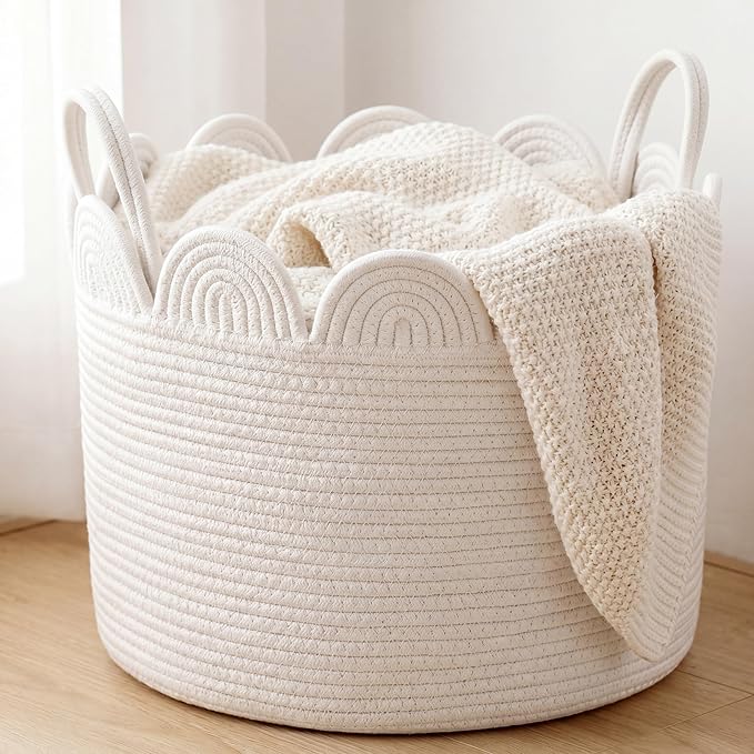 LemonRoad White Round Basket Large Blanket Basket 16" x 14" Scalloped Woven Baskets Cotton Storage Baskets for Nursery Classroom Closet Blankets Storage Home Decor