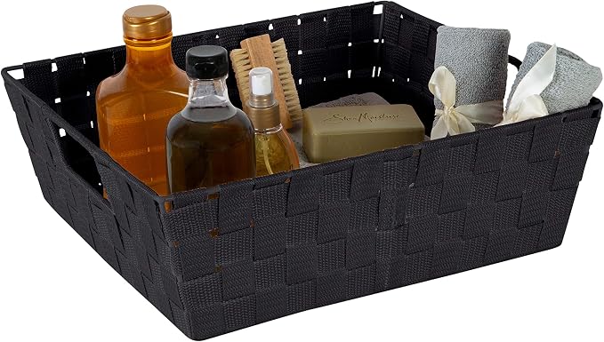 Simplify Large Shelf Woven Strap Tote | Decorative Storage Basket | Built in Handles | Organization | Closet | Bedroom | Bathroom | Nursery | Accessories | Toys | Gifts | 1 Pack | Black